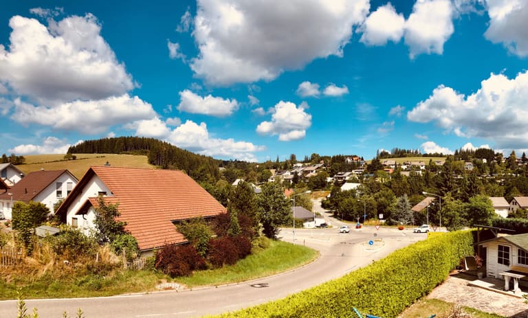 View over Brigach: Black Forest houses, meadows and wooded hills under a blue sky